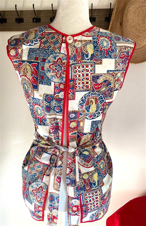 Vintage Handmade Full Apron Red Print S Etsy