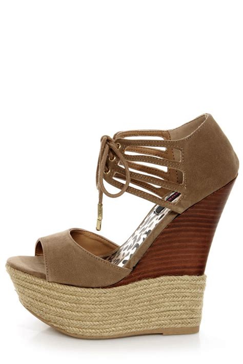 Dollhouse Hotstuff Nude Lace Up Ankle Cuff Platform Wedges Lulus