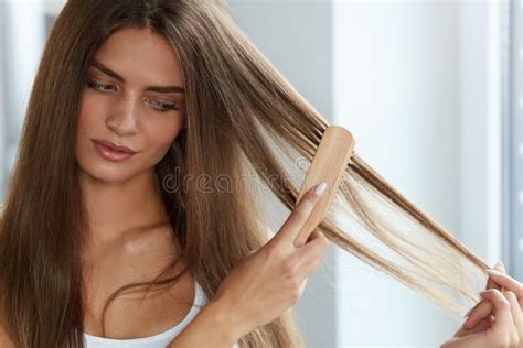 Hair Care Beautiful Female Hair Brushing Long Hair With Brush Stock