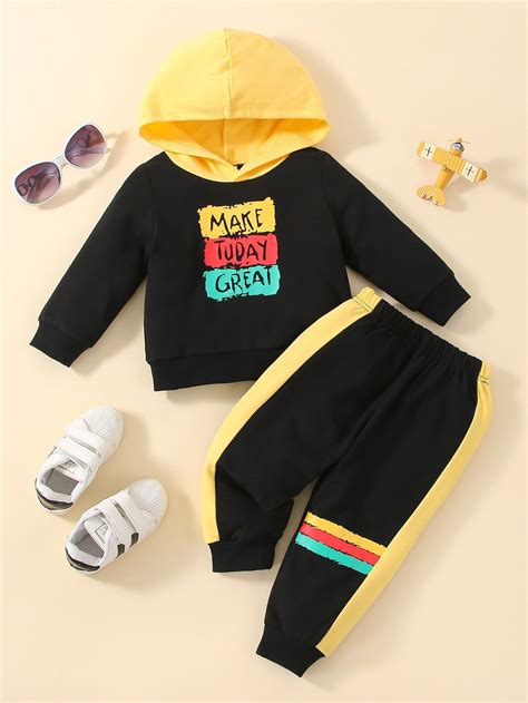 Baby Slogan Graphic Colorblock Hoodie And Sweatpants