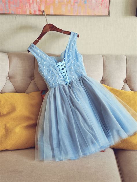 Cute V Neck Light Blue Tulle Lace Short Prom Dress Blue Homecoming Dre