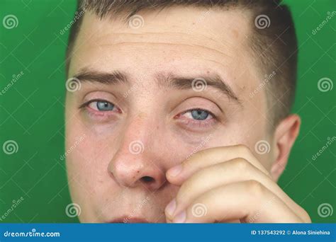 Tears In Eyes Of Crying Adult Man Green Background Stock Photo Image