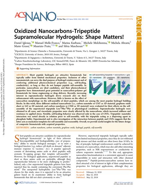 PDF Oxidized Nanocarbons Tripeptide Supramolecular Hydrogels Shape