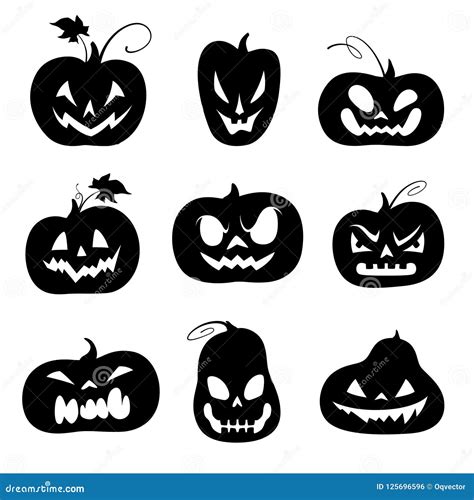 Set Of Black Silhouettes Of Carved Pumpkins For Halloween Stock Vector