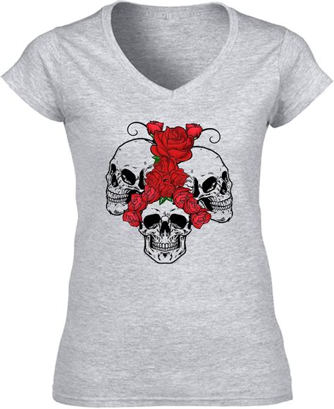 Teesquare1st Womens Skull Skulls Roses 3 Grey T Shirt Uk