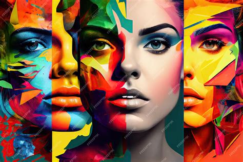 Premium Ai Image Bright And Bold Face Collage With Contrasting Colors