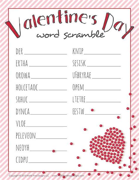 Valentine S Day Word Scramble Is Shown In Red And White With Hearts On It