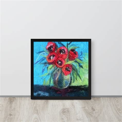 Prints Botanical Art Print Red Poppys In A Vase Wool Painting Framed