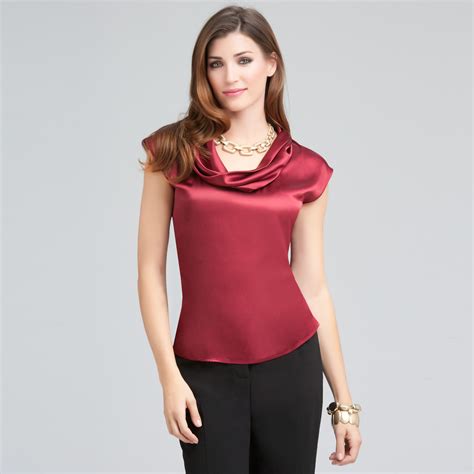 Red Satin Cowl Neck Smooth Blouse Work Outfits Women Pretty Blouses