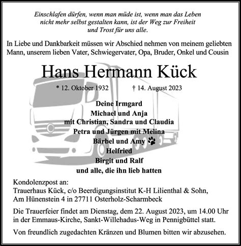 Traueranzeigen Von Hans Hermann K Ck Trauer Gedenken