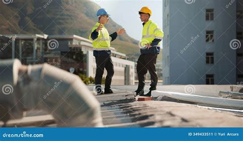 Men Air Conditioner And Discussion On Roof With Engineer Planning And