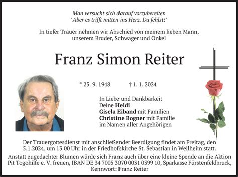 Traueranzeigen Von Franz Simon Reiter Trauer Merkur De