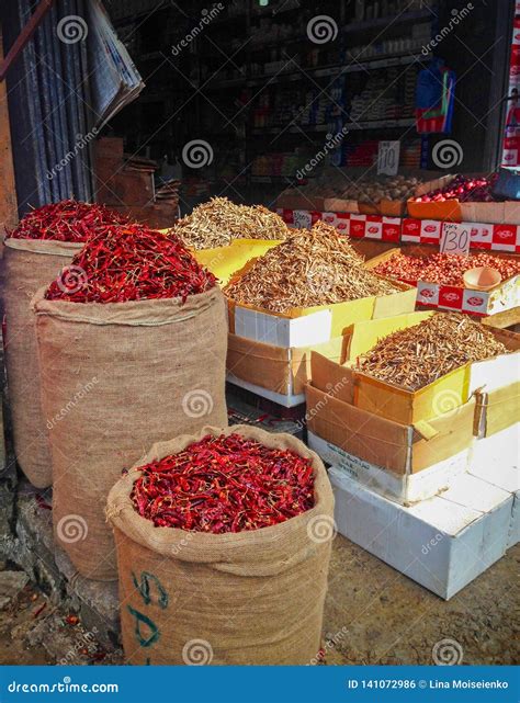 Red Chili Peppers Selling In Sacks On Sri Lanka Street Editorial Photo