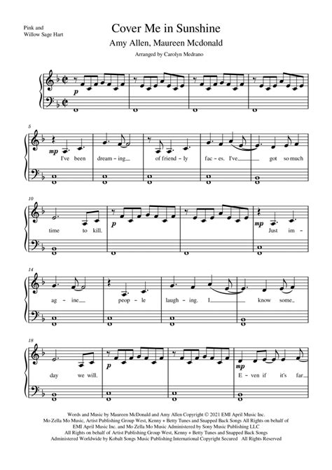 Cover Me In Sunshine Arr Carolyn Medrano By P Nk And Willow Sage Hart Sheet Music For Piano