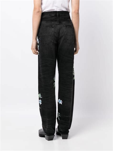 Amiri Floral Print Straight Leg Jeans In Black Modesens