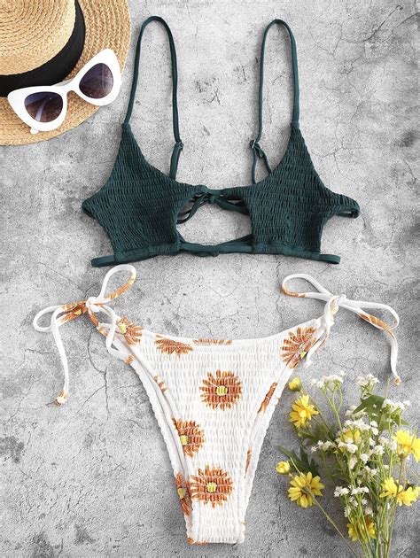 Zaful Flower Smocked Cutout Mix And Match String Bikini Swimwear In