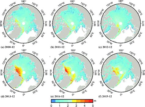 Arctic sea ice thickness data products in December from 2010 to 2015. | Download Scientific Diagram