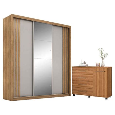 Cômoda Flora e Guarda Roupa Casal Moema Amêndola Nude Flex Espelho Demóbile