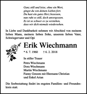 Traueranzeigen Von Erik Wiechmann Trauer Anzeigen De