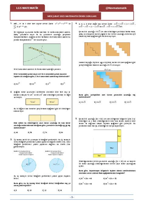 8 Sınıf Matematik Meb 2023 Şubat Ayı Örnek Soruları Sayfa Tasarruflu