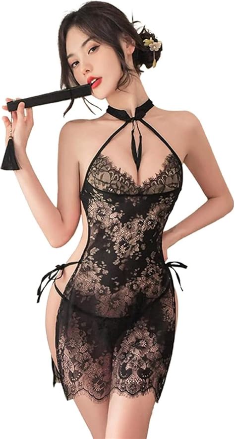 KuyatE HENWUBEI Lingerie Lace Doll Dress Retro Sexy Cheongsam Underwear Mesh Floral Pajamas