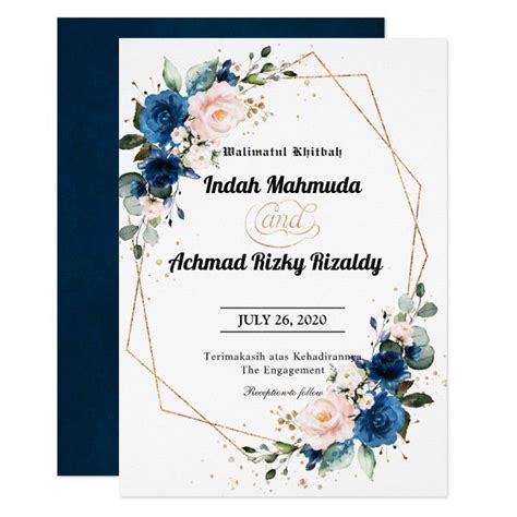 Navy Blue Blush Pink Rose Boho Geometric Wedding Invitation Zazzle