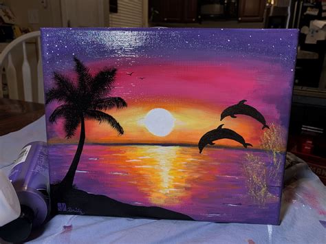 Sunset ocean dolphin painting online acrylic tutorial – Artofit