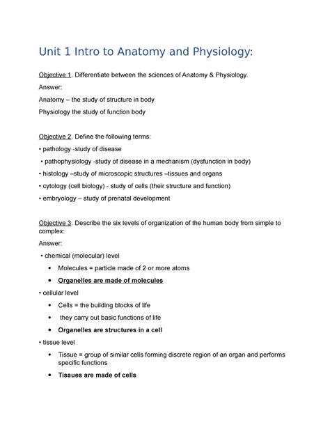 Anat 1052 Unit 1 Notes Unit 1 Intro To Anatomy And Physiology