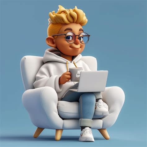 Ilustração 3d de homem feliz sorridente laptop sentado em uma