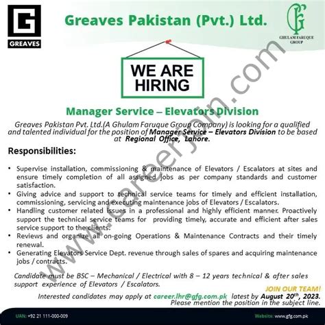 Greaves Pakistan Pvt Ltd Jobs Manager Service