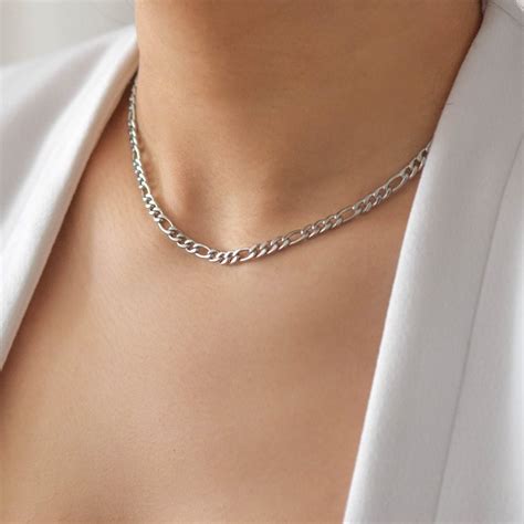 14K Solid White Gold Figaro Link Necklace 2 6mm Stackable Etsy