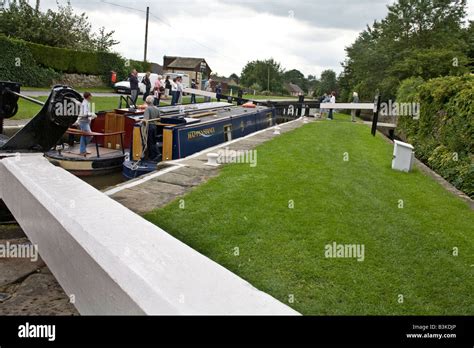 Canal Narrowboats In A Canal Lock On The Leeds Liverpool Canal Stock