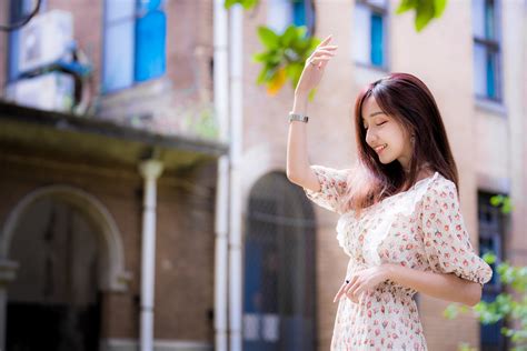 K Asian Pose Hands Dress Smile Glance Bokeh Brunette Girl