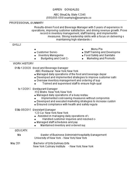 Food And Beverage Manager Resume Examples For 2025