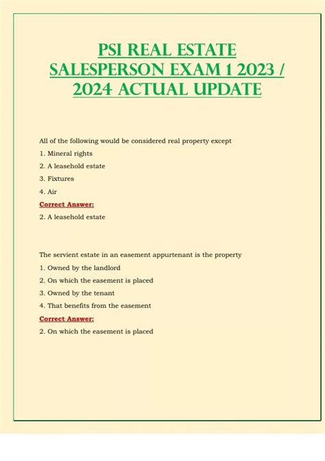 Psi Real Estate Salesperson Exam 1 2023 2024 Actual Update All Done Solution Psi Stuvia Us