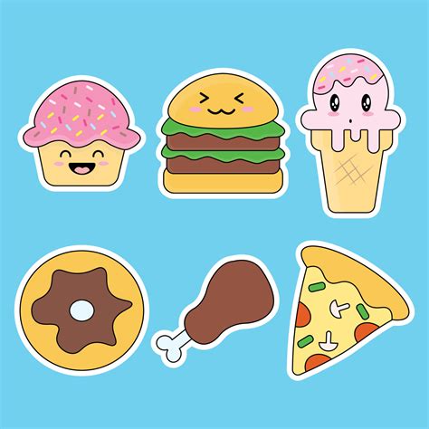 Set Of Cute Junk Food Isolated On Blue Background Vector Art