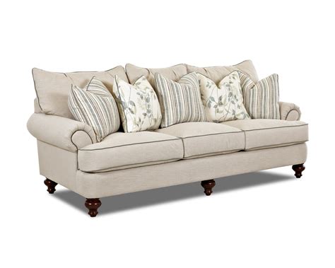 Traditional Upholstered Sofa With T Shaped Down Cushions Rolled Arms