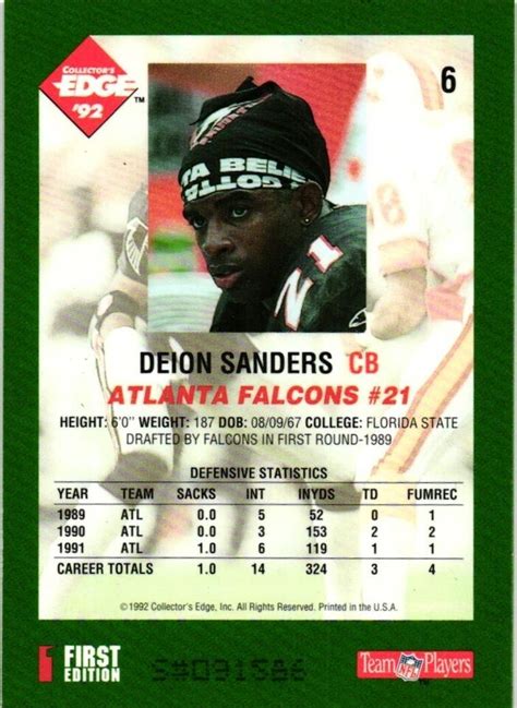 1992 Collector S Edge Deion Sanders 6 Atlanta Falcons HOF Prime Time