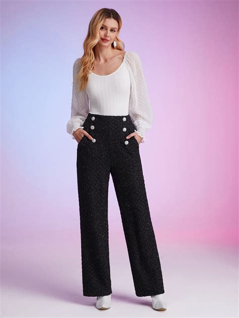 SHEIN Frenchy High Waist Double Breasted Tweed Wide Leg Pants SHEIN USA