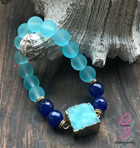 Royal Blue And Ocean Blue Beaded Druzy Bracelet Beaded Etsy Beaded Bracelets Bracelets