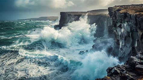 The Dramatic Contrast Of A Stormy Sea With Towering Waves Crashing