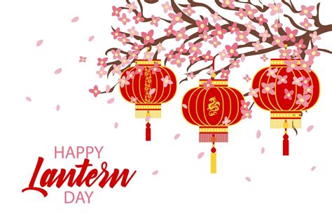 Happy lantern day, red chinese lanterns on cherry blossom branch. Congratulation banner ...