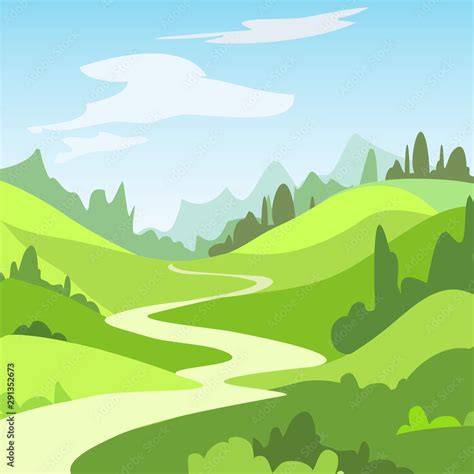 Cartoon landscape with green fields, trees. Beautiful rural nature ...