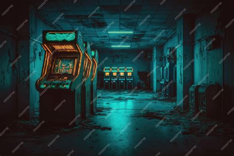 Premium Ai Image A Deserted Arcade Neon Lights Flickering And Casting