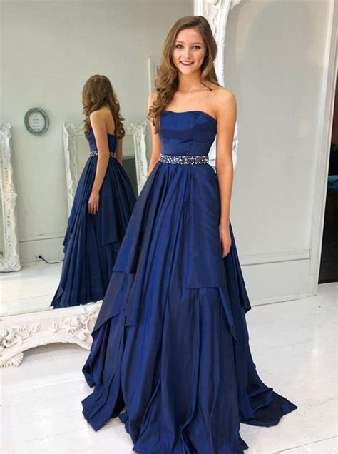 Dark Blue Floor Length Prom Dresses Strapless Stain Evening Dress With Hoprom