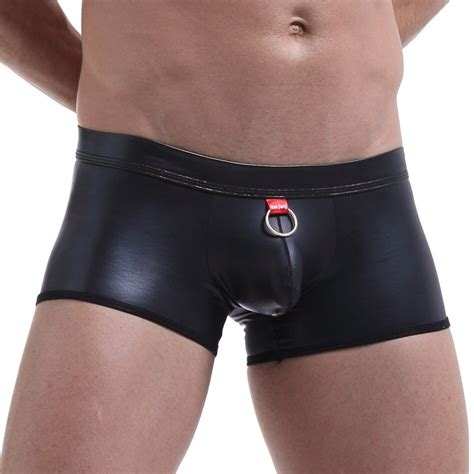 Sexy Gay Underwear Men Boxers Shorts Black Faux Leather Low Waist U