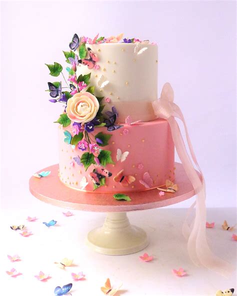 2 Tier Butterfly And Flowers Cake Karens Cakes