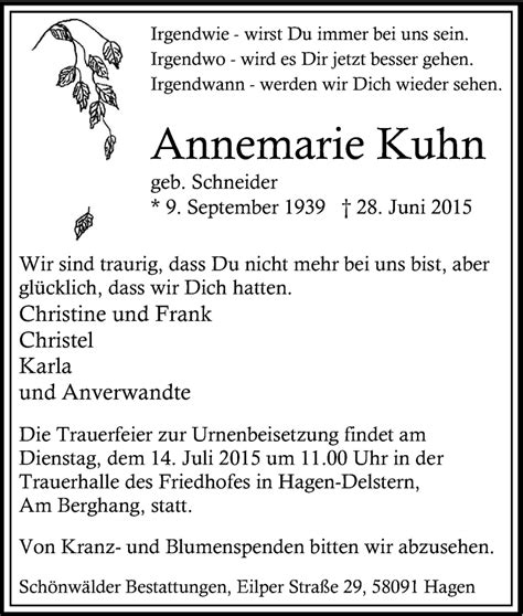 Traueranzeigen Von Annemarie Kuhn Trauer In Nrw De