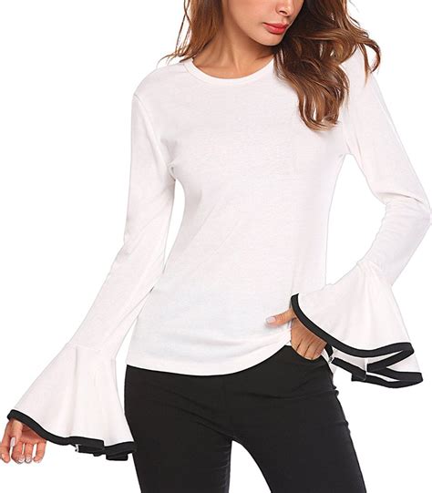 Women S Long Bell Sleeve Blouse Loose Trumpet T Shirt Casual Solid