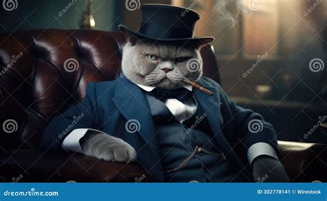 Ai Generated Illustration Of A Serious Gray Cat In A Suit Smoking A